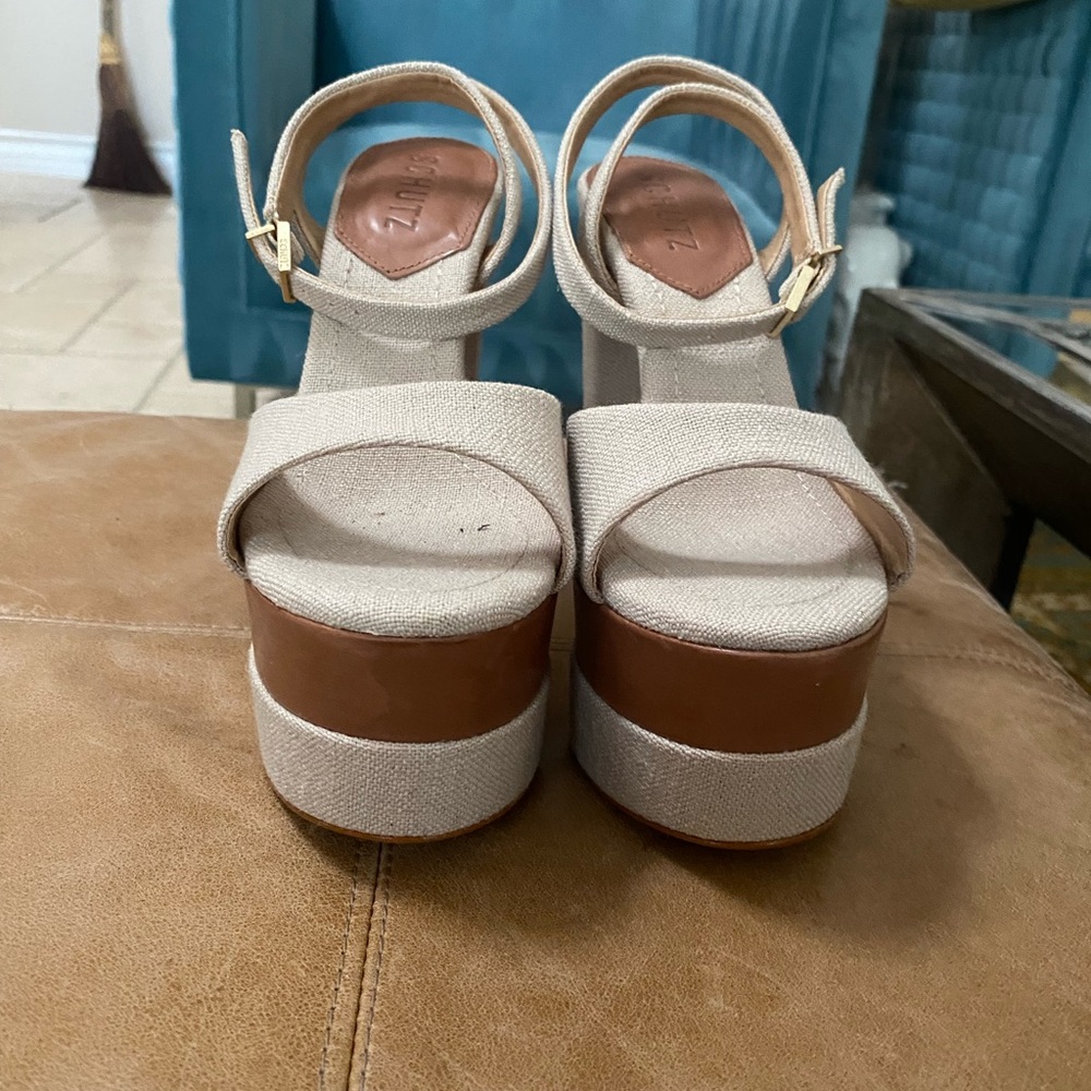 SCHUTZ Cream and Brown Platform Sandals with Chunky Design